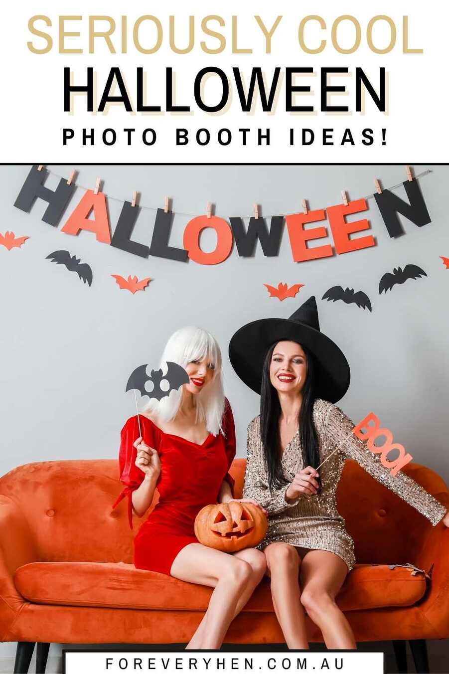 Two women sitting on a couch under a 'Halloween' banner. Text overlay: Seriously cool Halloween photo booth ideas!