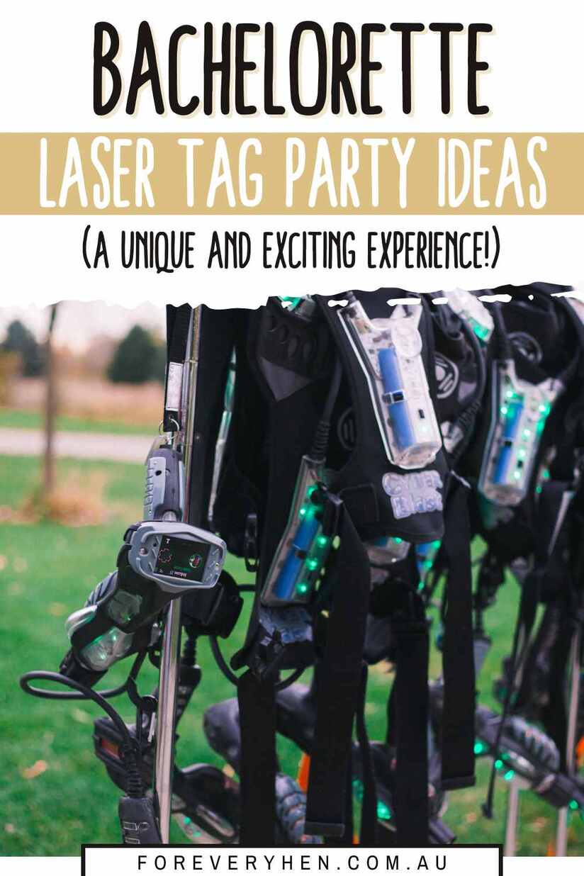 Laser tag outfits hanging on a pole. Text overlay: Bachelorette laser tag party ideas (a unique and exciting experience)