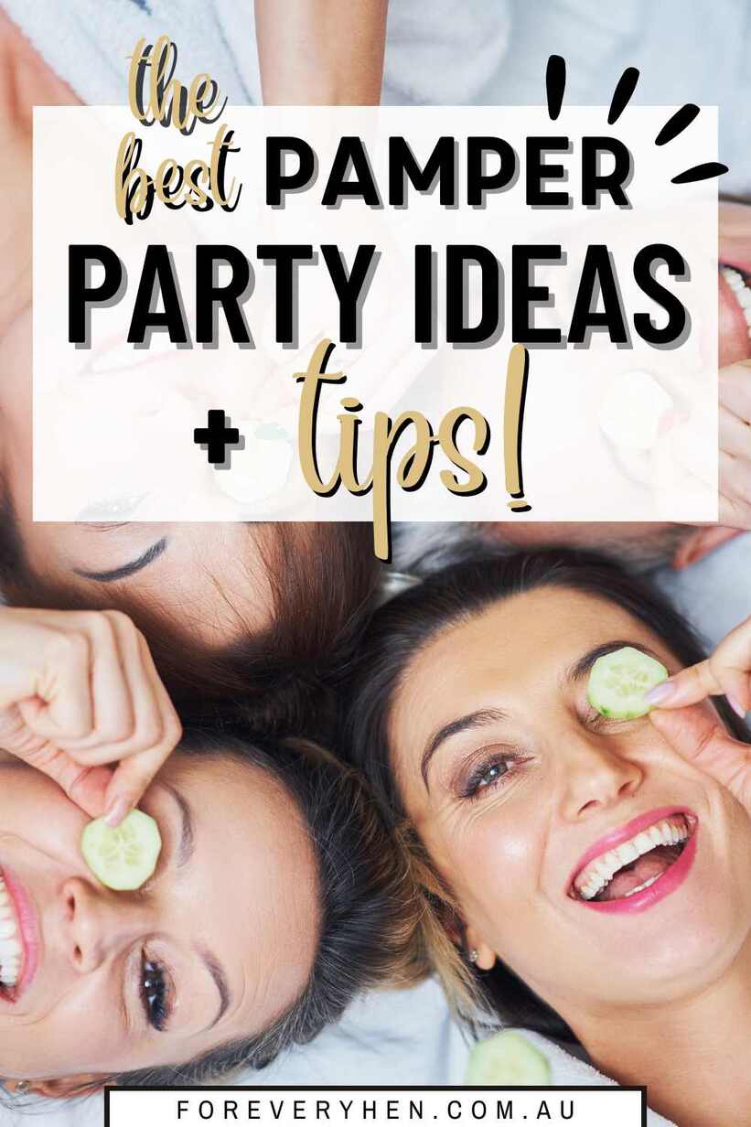 Women smiling and holding cucumber slices on their eyes. Text overlay: The best pamper party ideas and tips!