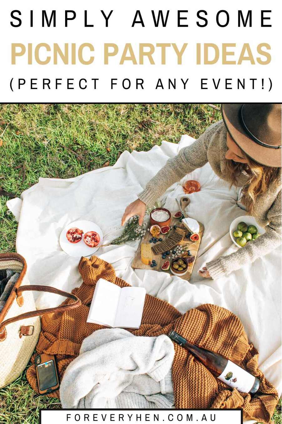 Image of a woman picnicking. Text overlay: Simply awesome picnic party ideas (perfect for any event!)