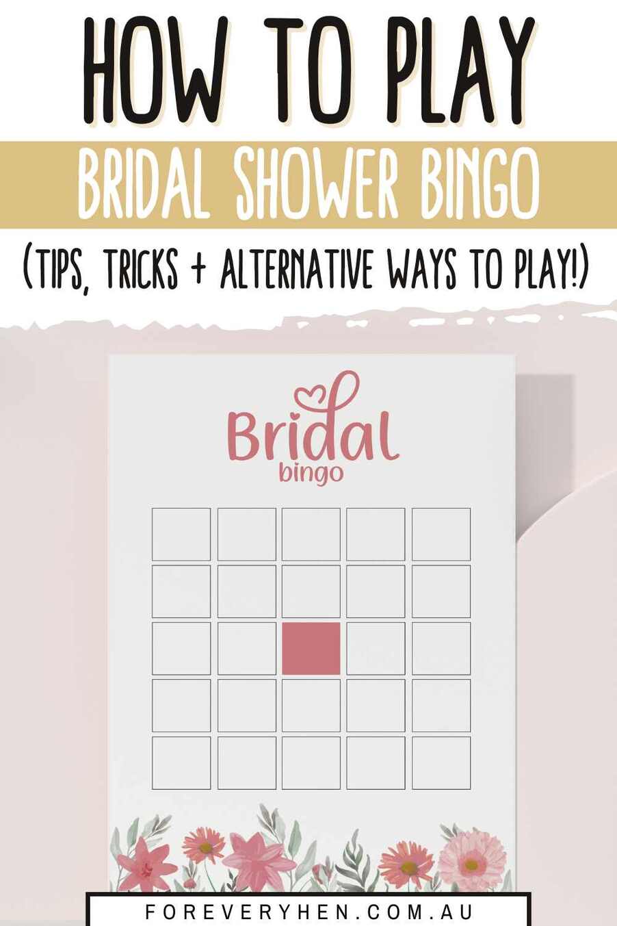 Image of three bridal shower bingo playing cards on a table. Text overlay: How to play bridal shower bingo (instructions + printables!)