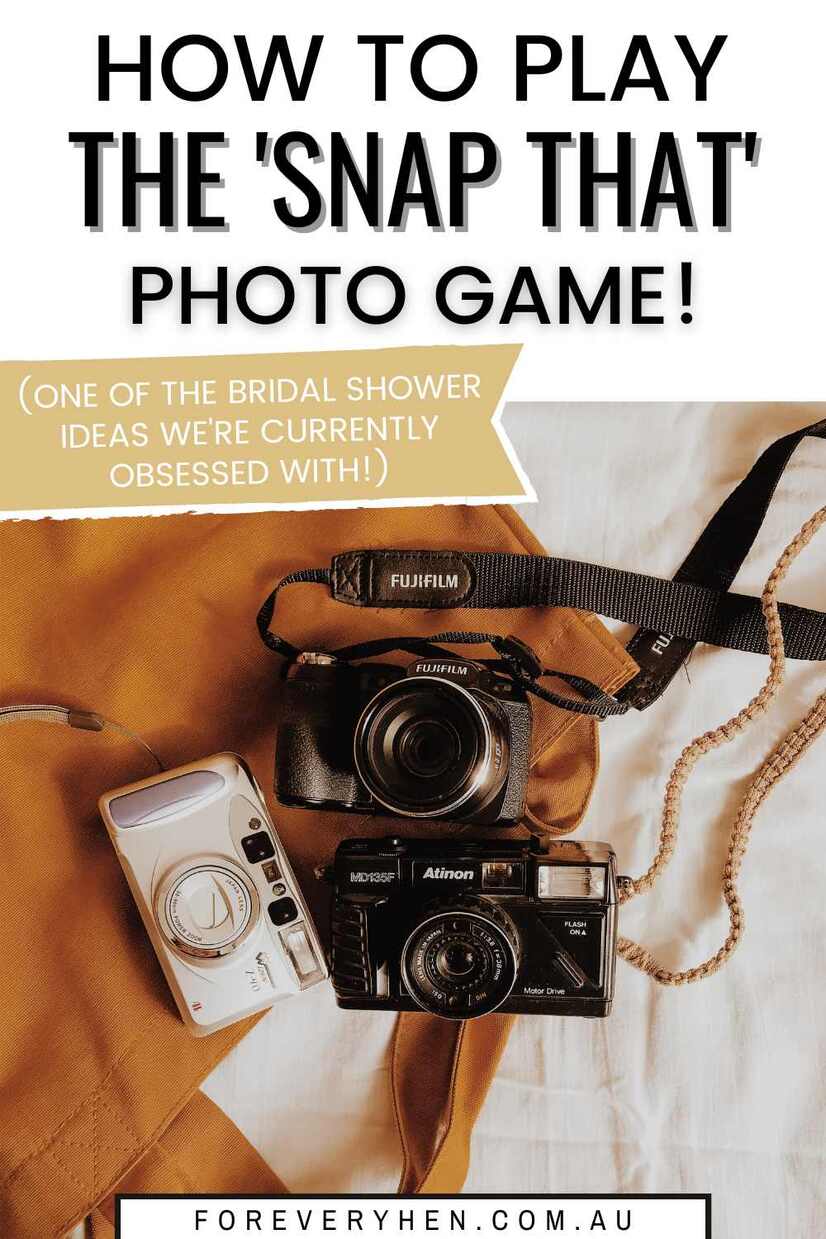 Image of three cameras placed on a blanket. Text overlay: How to play the 'snap that' photo game! (one of the bridal shower ideas we're currently obsessed with!)