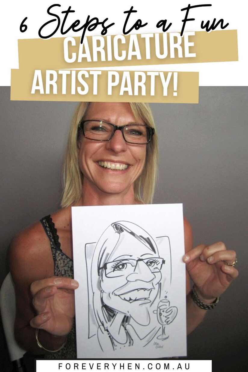 A woman holding a caricature drawing of herself. Text overlay: 6 steps to a fun caricature artist party!