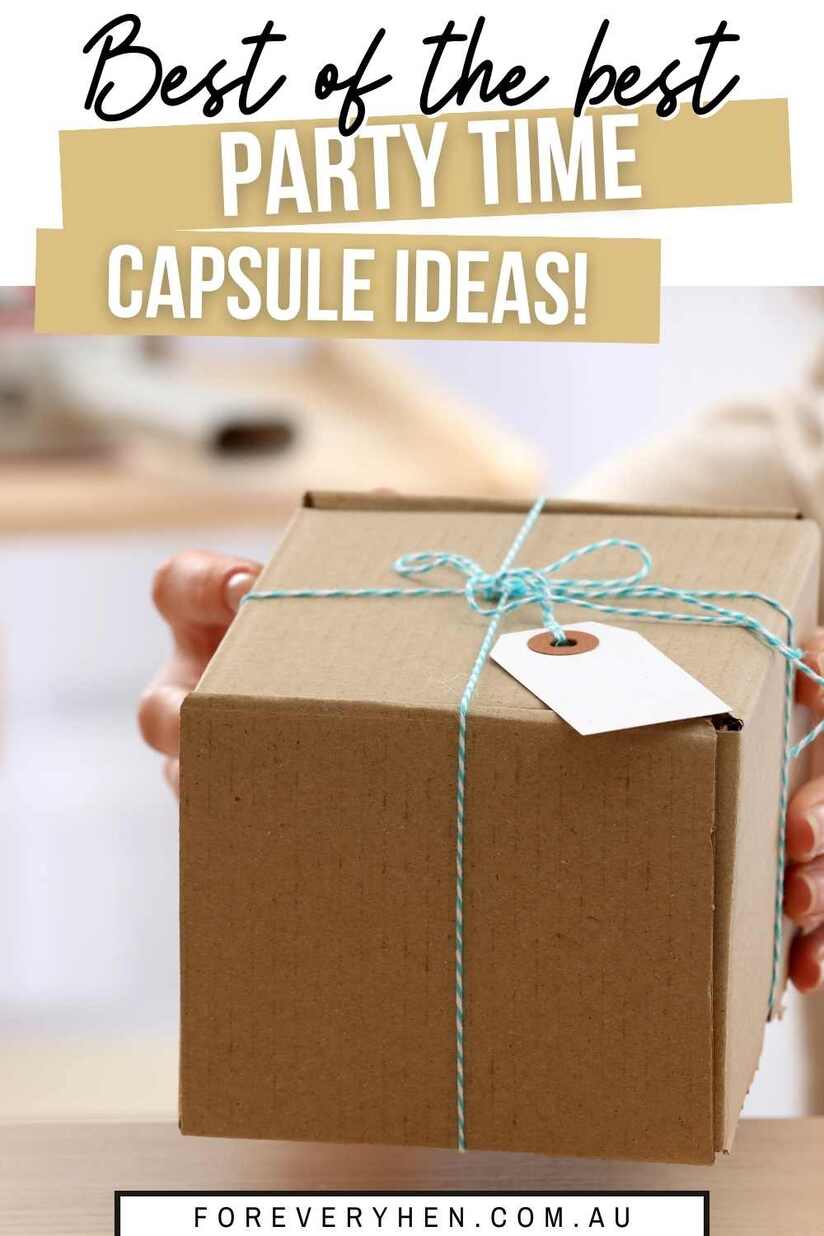 A person's hands holding a parcel with a tag and bow. Text overlay: Best of the best party time capsule ideas