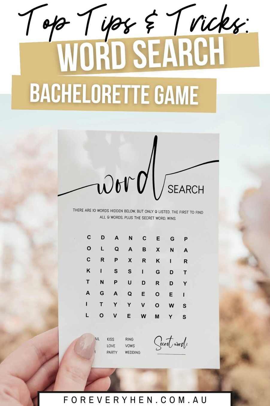 Image of a bridal word search game card on a circle bamboo plate. Text overlay: Tips and tricks - word search bachelorette game