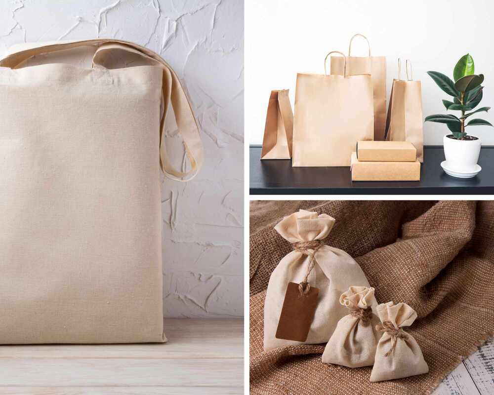 Collage of reusable gift bags - calico bags, paper bags and more