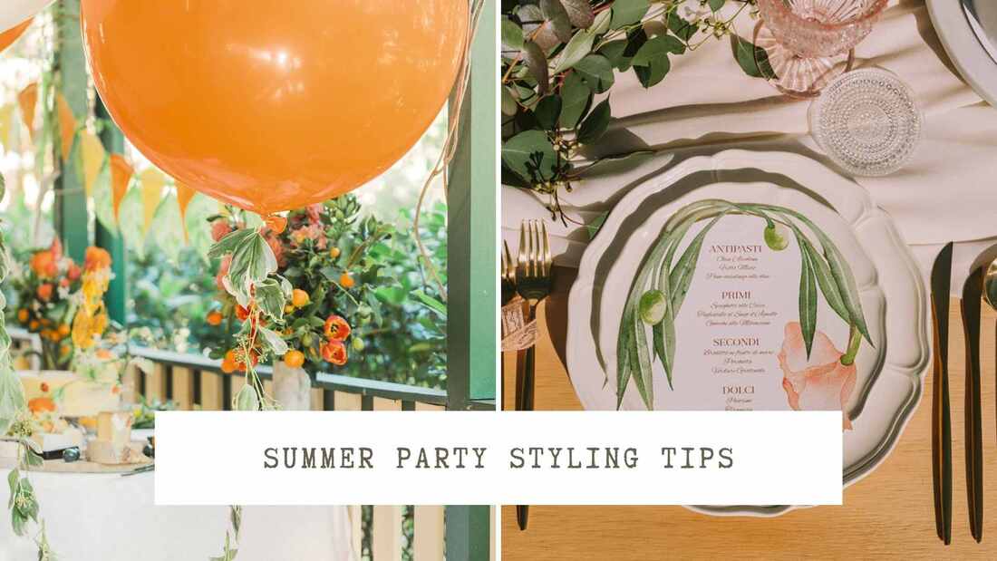 A large orange balloon and orange flowers set up. Text overlay: Summer party styling tips