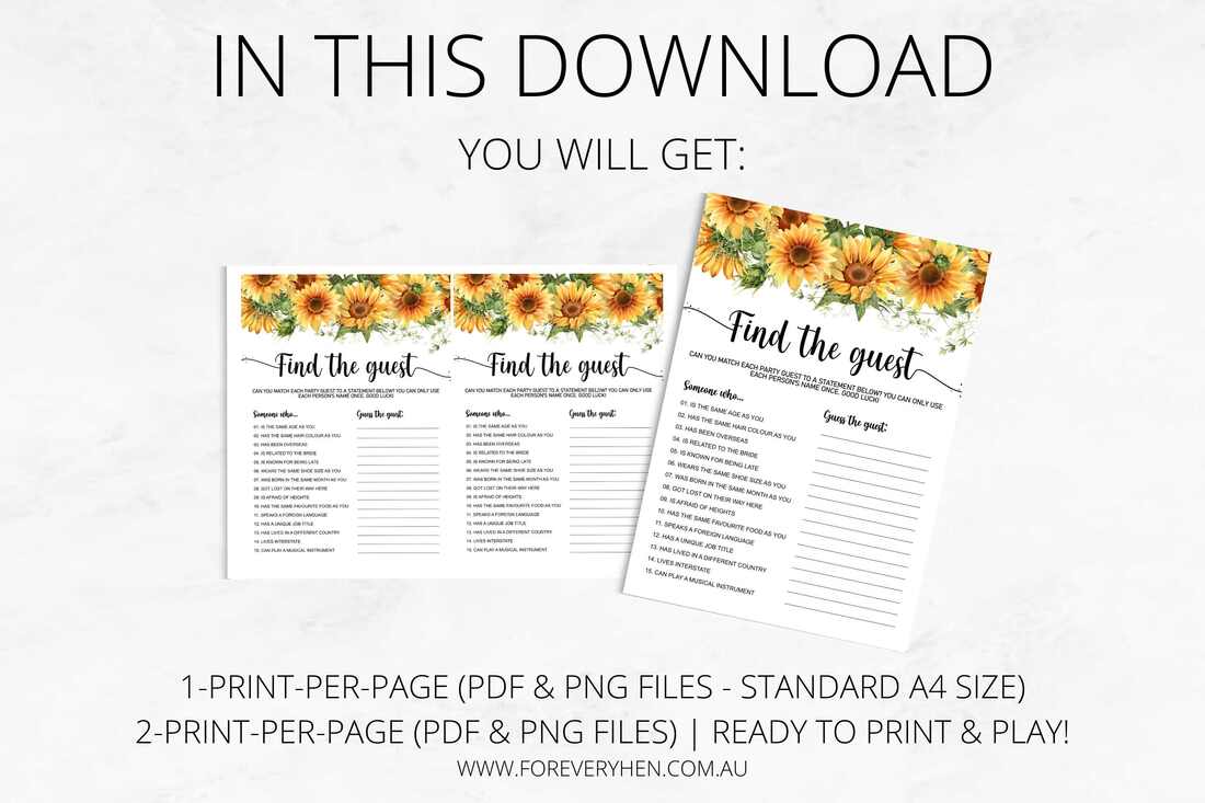 Sunflower Find the Guest Game Cards