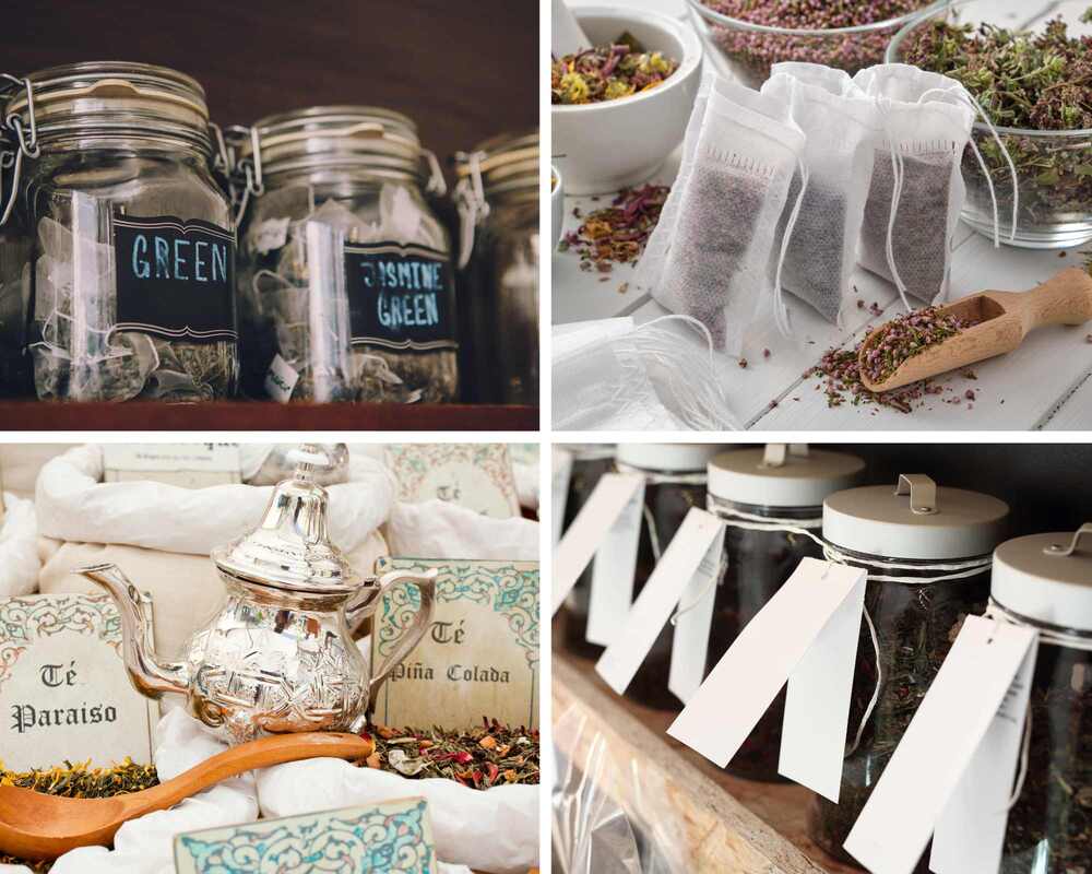 Collage of tea station ideas include jars filled with tea, small tea bags and scoops