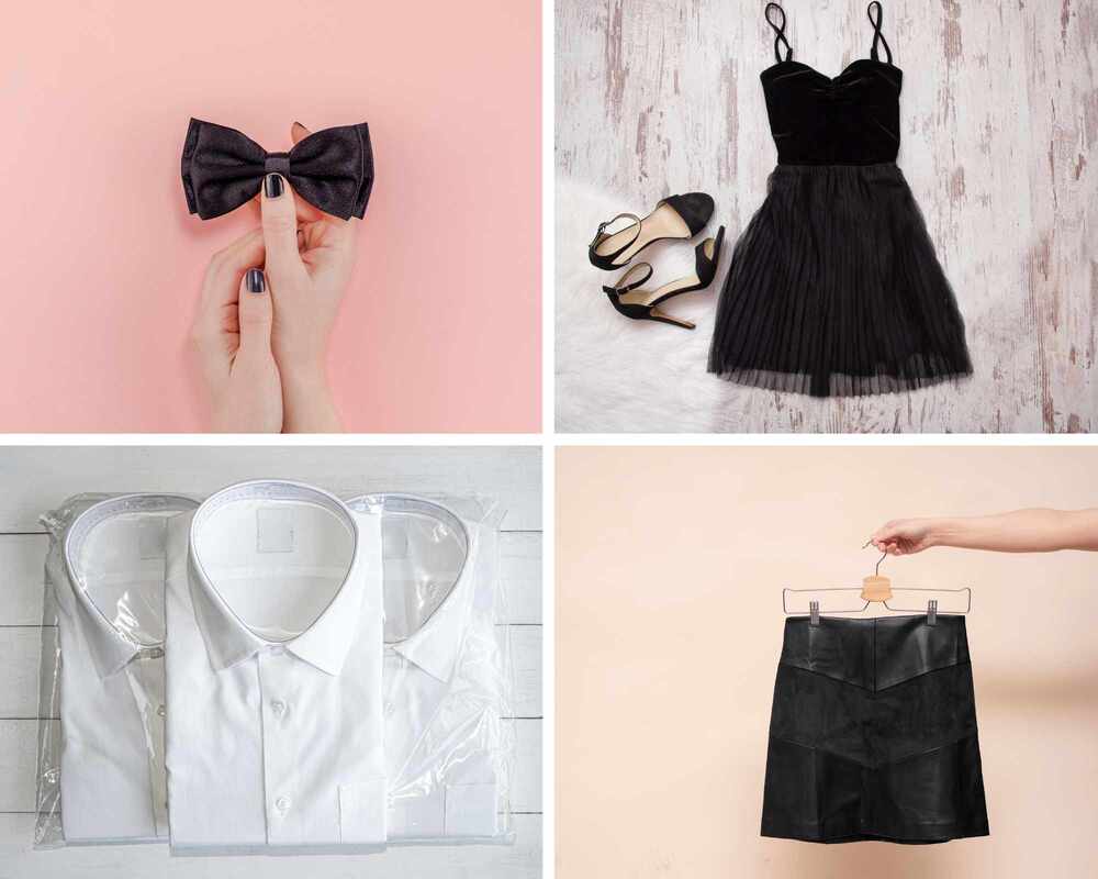 Collage of images - a woman holding a bow tie, a black dress next to black high heels, three white shirts, and a person holding a black skrit