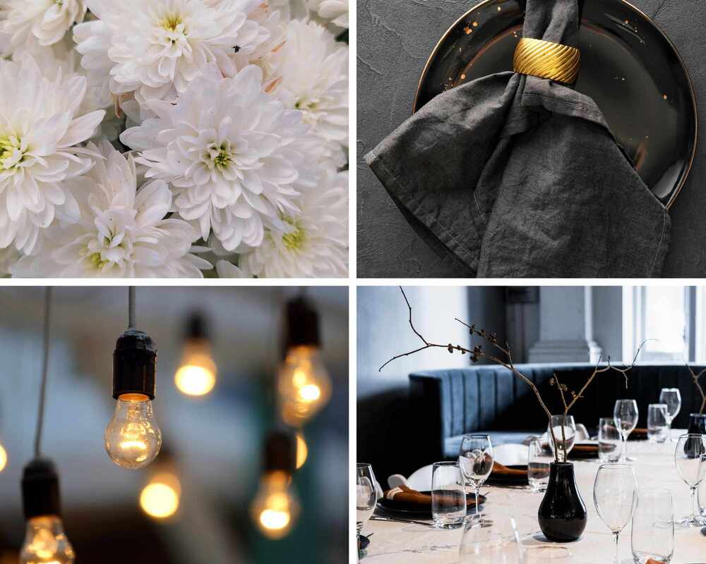 Decorations for a tuxedo party - white flowers, black napkins, festoon lights, and a table setting using black and white items