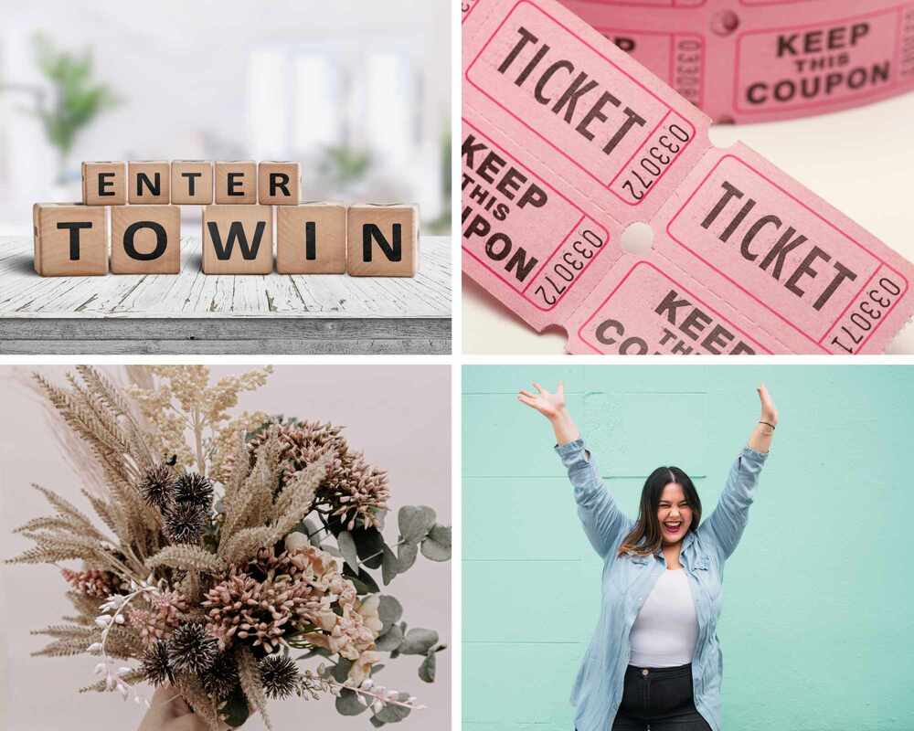 Wedding Shower Raffle Ideas Collage - 'enter to win' sign, raffle tickets, flower bouquet, and a woman celebrating