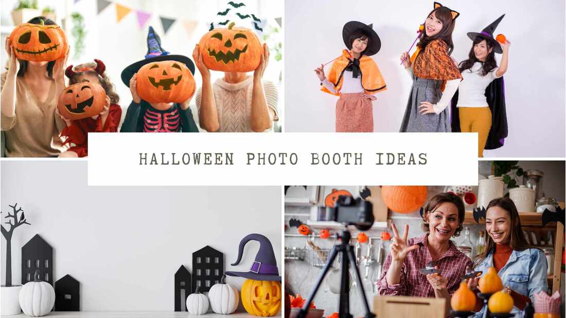 Collage of Halloween outfits and backgrounds. Text overlay: Halloween photo booth ideas