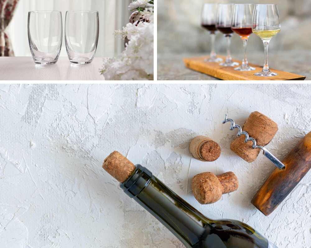 Stemless wine glasses, tasting glasses, and wine stoppers