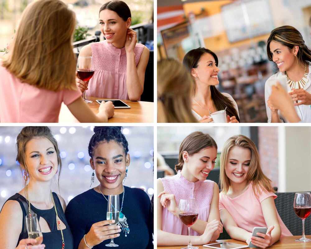 Collage of women drinking wine - two wearing all pink, two wearing all white and two wearing all black.